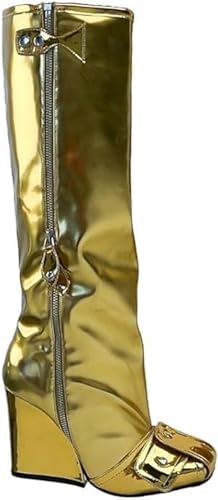 LEMONADE Women's Buckle Detail Square Toe Wedge Heel Knee High Long Boot Senna Gold 7.5