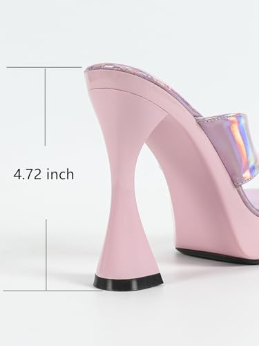TZNBGGE Women's Laser Glossy Platform High Heel 4.72in Flip Flops Square Toe Non-slip Mule Stilettos Slides Sandals for Nightclub Party Dating (pink,6)