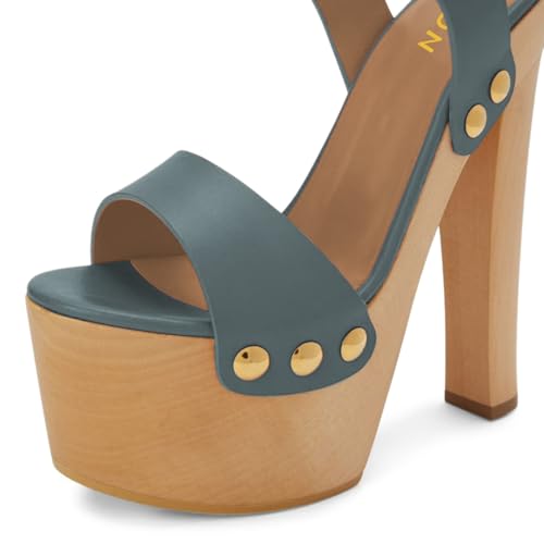 YDN Women's Platform Heeled Sandals Open Round Toe Chunky High Heels Backless Ankle Strap Sexy Casual Shoes for Spring Summer Party Size 7 Steel Blue
