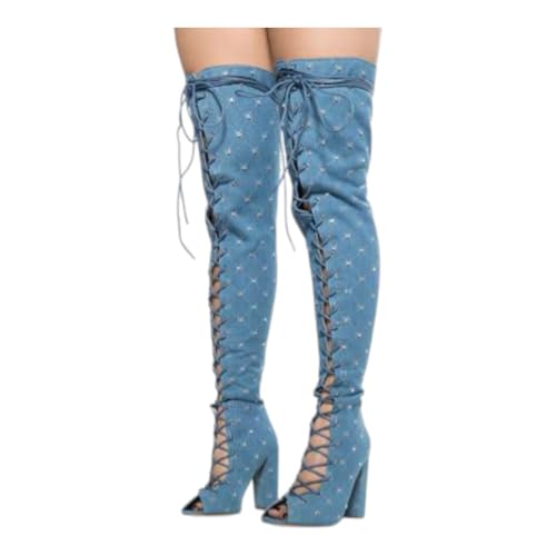 Women's Chunky Block Heel Lace-Up Over The Knee Thigh High Peep Toe Boots Legacy-14 Denim 7