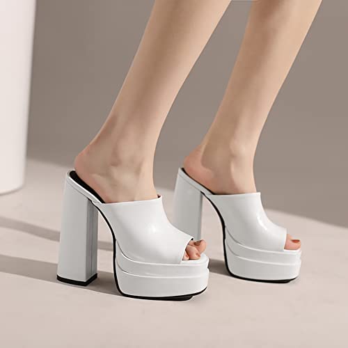 Makmeoyw Platform Heels Slippers Slip On Show Slingback Chunky Heels Sparkly Sandals Square Toe Mules Open Toe High Heels Slide-on Sandals White Size 40