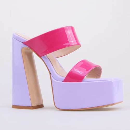 Frankie Hsu Women's Chunky Block Platform Sandals Cheerleader Cute Lovely Hot Pink Purple Orange Green Patent High Heeled Square Toe Fashion Classic Big Size Sandal