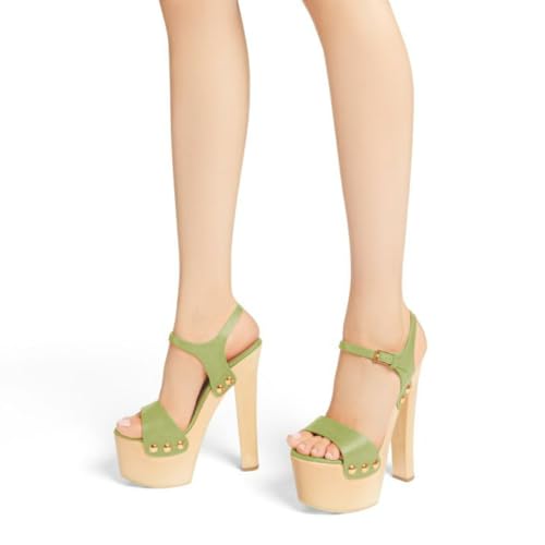 YDN Women's Platform Heeled Sandals Open Round Toe Chunky High Heels Backless Ankle Strap Sexy Casual Shoes for Spring Summer Party Size 7 Grass Green