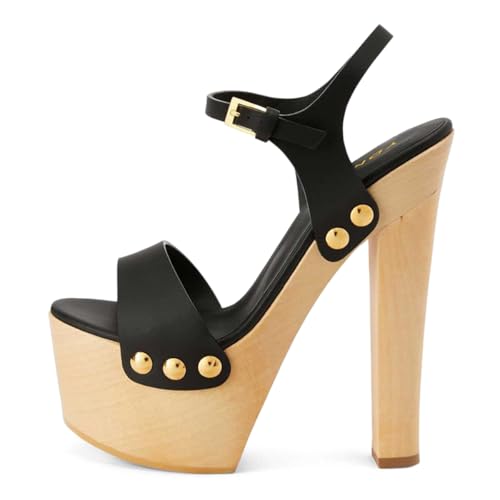 YDN Women's Platform Heeled Sandals Open Round Toe Chunky High Heels Backless Ankle Strap Sexy Casual Shoes for Spring Summer Party Size 7 Black