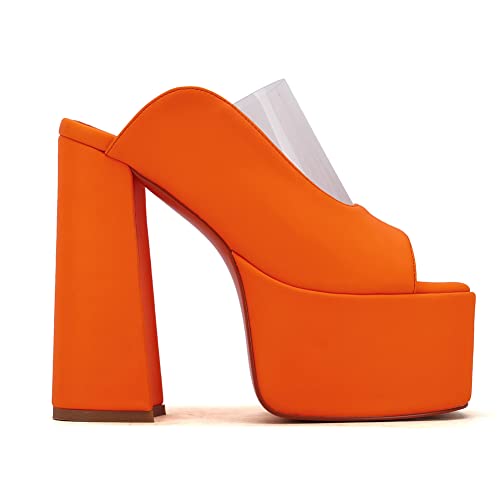 Makmeoyw Platform Heels Slippers Slip On Show Slingback Chunky Heels Sparkly Sandals Square Toe Mules Open Toe High Heels Slide-on Sandals Orange Size 37