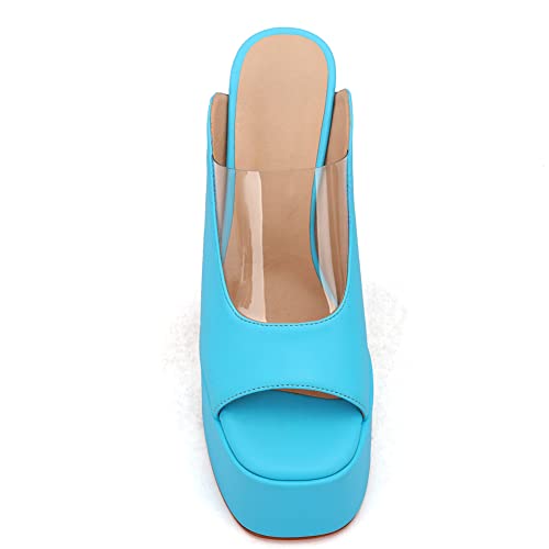 Makmeoyw Platform Heels Slippers Slip On Show Slingback Chunky Heels Sparkly Sandals Square Toe Mules Open Toe High Heels Slide-on Sandals Blue Size 34