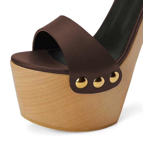 YDN Women's Platform Heeled Sandals Open Round Toe Chunky High Heels Backless Ankle Strap Sexy Casual Shoes for Spring Summer Party Size 7 Saddle Brown