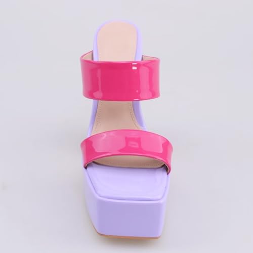 Frankie Hsu Women's Chunky Block Platform Sandals Cheerleader Cute Lovely Hot Pink Purple Orange Green Patent High Heeled Square Toe Fashion Classic Big Size Sandal