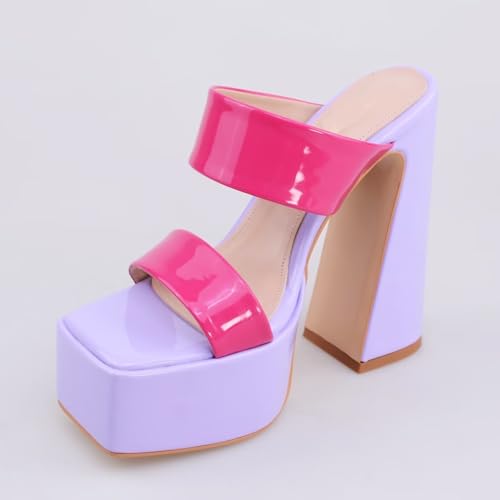 Frankie Hsu Women's Chunky Block Platform Sandals Cheerleader Cute Lovely Hot Pink Purple Orange Green Patent High Heeled Square Toe Fashion Classic Big Size Sandal