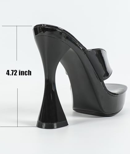 TZNBGGE Women's Laser Glossy Platform High Heel 4.72in Flip Flops Square Toe Non-slip Mule Stilettos Slides Sandals for Nightclub Party Dating (Black,8)