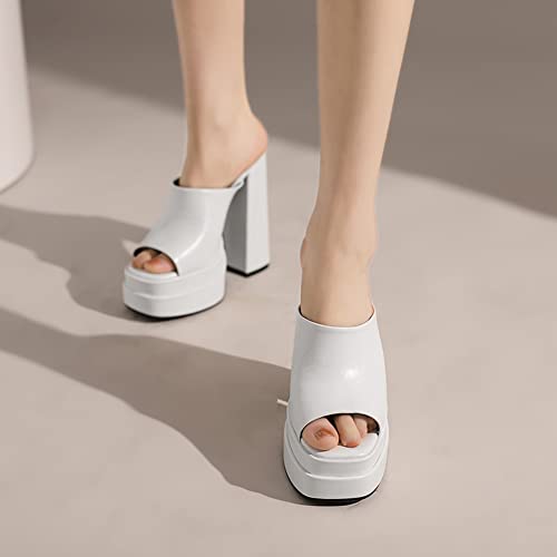 Makmeoyw Platform Heels Slippers Slip On Show Slingback Chunky Heels Sparkly Sandals Square Toe Mules Open Toe High Heels Slide-on Sandals White Size 40