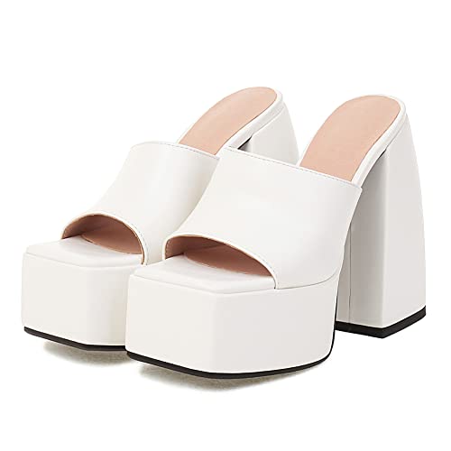 Makmeoyw Platform Heels Slippers Slip On Show Slingback Chunky Heels Sparkly Sandals Square Toe Mules Open Toe High Heels Slide-on Sandals White Size 38