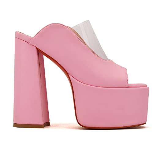Makmeoyw Platform Heels Slippers Slip On Show Slingback Chunky Heels Sparkly Sandals Square Toe Mules Open Toe High Heels Slide-on Sandals Pink Size 40
