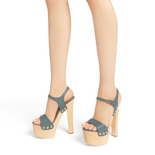 YDN Women's Platform Heeled Sandals Open Round Toe Chunky High Heels Backless Ankle Strap Sexy Casual Shoes for Spring Summer Party Size 7 Steel Blue