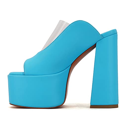 Makmeoyw Platform Heels Slippers Slip On Show Slingback Chunky Heels Sparkly Sandals Square Toe Mules Open Toe High Heels Slide-on Sandals Blue Size 34