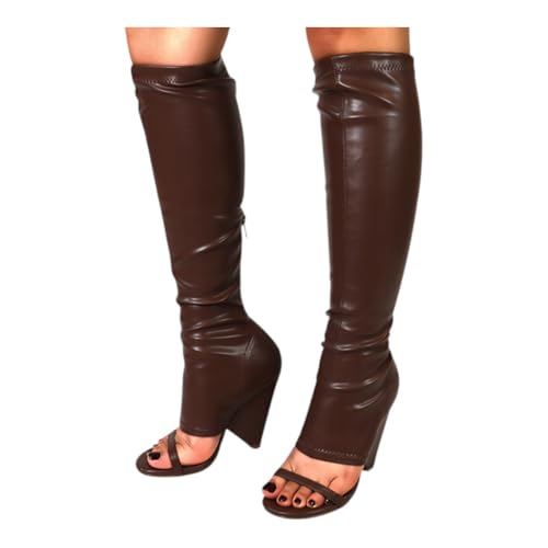 Liliana Women's Chunky Block Heel Peep Open Toe Knee High Boots Nano-11 Brown 7