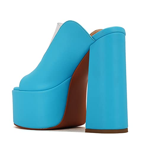 Makmeoyw Platform Heels Slippers Slip On Show Slingback Chunky Heels Sparkly Sandals Square Toe Mules Open Toe High Heels Slide-on Sandals Blue Size 34