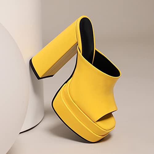 Makmeoyw Platform Heels Slippers Slip On Show Slingback Chunky Heels Sparkly Sandals Square Toe Mules Open Toe High Heels Slide-on Sandals Yellow Size 40