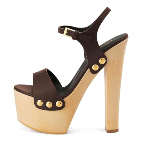 YDN Women's Platform Heeled Sandals Open Round Toe Chunky High Heels Backless Ankle Strap Sexy Casual Shoes for Spring Summer Party Size 7 Saddle Brown
