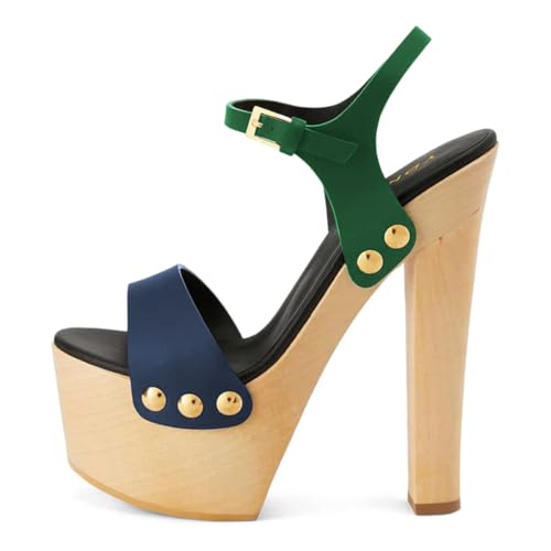YDN Women's Platform Heeled Sandals Open Round Toe Chunky High Heels Backless Ankle Strap Sexy Casual Shoes for Spring Summer Party Size 7 Navy & Green