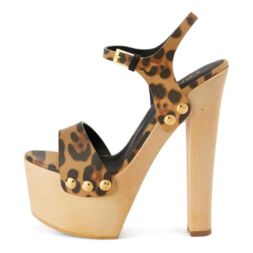 YDN Women's Platform Heeled Sandals Open Round Toe Chunky High Heels Backless Ankle Strap Sexy Casual Shoes for Spring Summer Party Size 7 Leopard