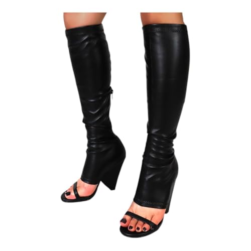 Liliana Women's Chunky Block Heel Peep Open Toe Knee High Boots Nano-11 Black 7