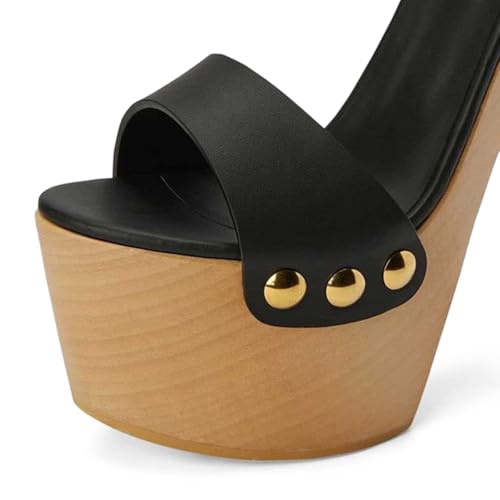 YDN Women's Platform Heeled Sandals Open Round Toe Chunky High Heels Backless Ankle Strap Sexy Casual Shoes for Spring Summer Party Size 7 Black