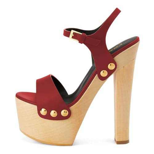 YDN Women's Platform Heeled Sandals Open Round Toe Chunky High Heels Backless Ankle Strap Sexy Casual Shoes for Spring Summer Party Size 7 Red