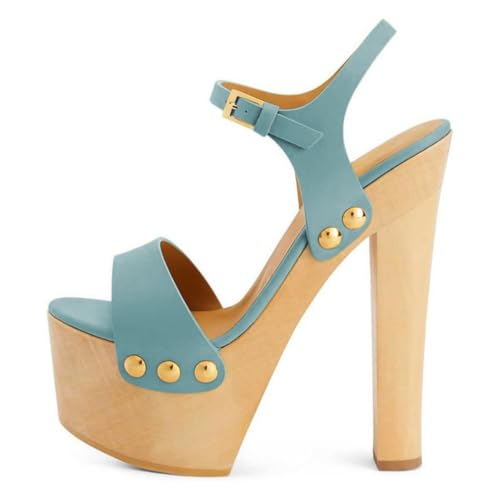YDN Women's Platform Heeled Sandals Open Round Toe Chunky High Heels Backless Ankle Strap Sexy Casual Shoes for Spring Summer Party Size 7 Turquoise