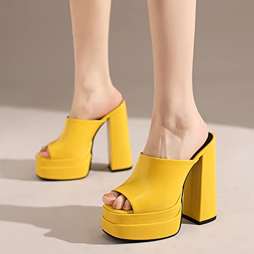 Makmeoyw Platform Heels Slippers Slip On Show Slingback Chunky Heels Sparkly Sandals Square Toe Mules Open Toe High Heels Slide-on Sandals Yellow Size 40