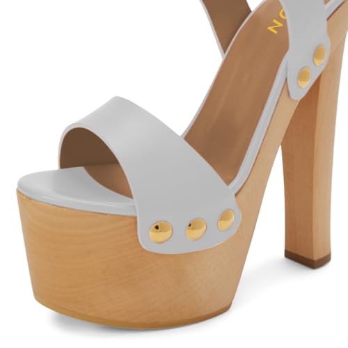 YDN Women's Platform Heeled Sandals Open Round Toe Chunky High Heels Backless Ankle Strap Sexy Casual Shoes for Spring Summer Party Size 7 Light Grey