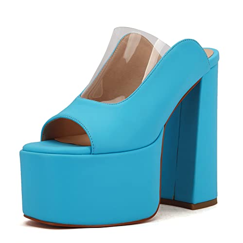 Makmeoyw Platform Heels Slippers Slip On Show Slingback Chunky Heels Sparkly Sandals Square Toe Mules Open Toe High Heels Slide-on Sandals Blue Size 34