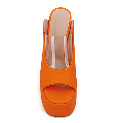 Makmeoyw Platform Heels Slippers Slip On Show Slingback Chunky Heels Sparkly Sandals Square Toe Mules Open Toe High Heels Slide-on Sandals Orange Size 37