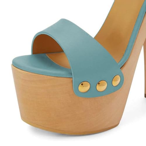 YDN Women's Platform Heeled Sandals Open Round Toe Chunky High Heels Backless Ankle Strap Sexy Casual Shoes for Spring Summer Party Size 7 Turquoise