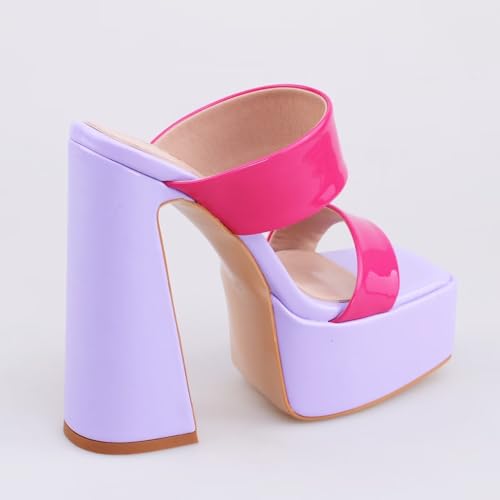 Frankie Hsu Women's Chunky Block Platform Sandals Cheerleader Cute Lovely Hot Pink Purple Orange Green Patent High Heeled Square Toe Fashion Classic Big Size Sandal
