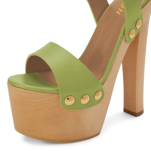 YDN Women's Platform Heeled Sandals Open Round Toe Chunky High Heels Backless Ankle Strap Sexy Casual Shoes for Spring Summer Party Size 7 Grass Green