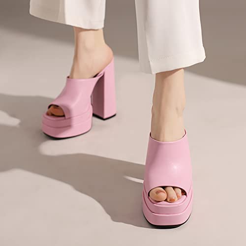 Makmeoyw Platform Heels Slippers Slip On Show Slingback Chunky Heels Sparkly Sandals Square Toe Mules Open Toe High Heels Slide-on Sandals Pink Size 40