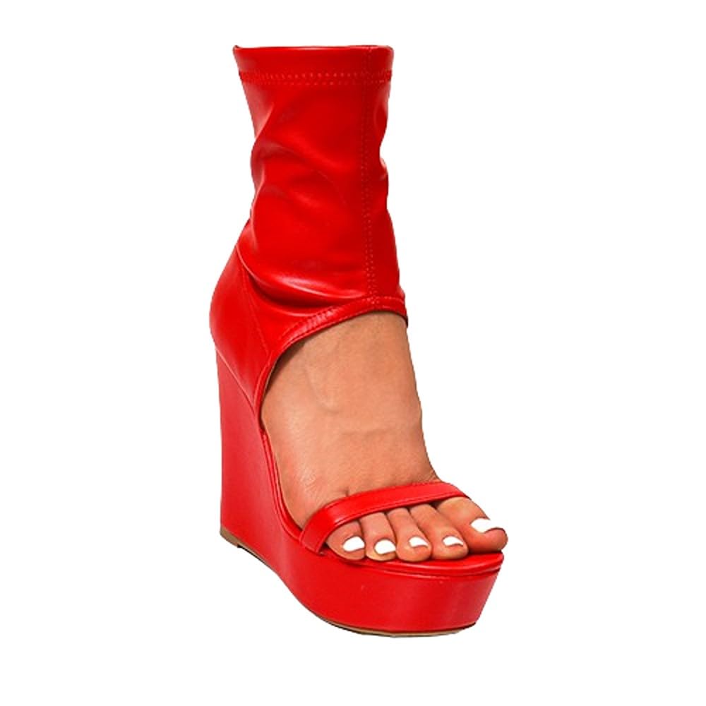Liliana Womens Peep Open Toe Wedge Bootie Platform Wedge Heel Peep toe Boots Rhona 54 Red 8.5