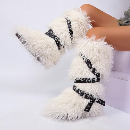 TVNGDLI Women Knee High Furry Faux Fur Boots Fuzzy Fluffy Round Toe Anti Slip Ankle Strap Rivet Flat Shoes Outdoor Christmas Fashion Party Gifts Boots