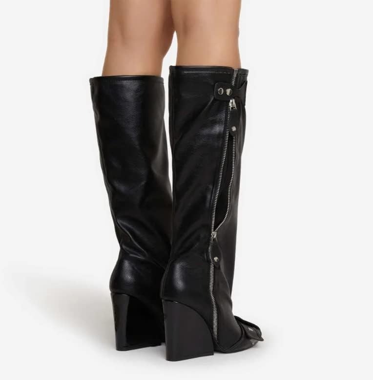 Lemonade Women's Buckle Detail Square Toe Wedge Heel Knee High Long Boot Senna Black 7.5n
