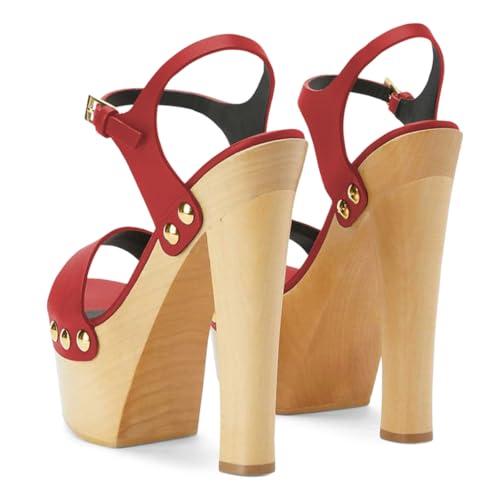 YDN Women's Platform Heeled Sandals Open Round Toe Chunky High Heels Backless Ankle Strap Sexy Casual Shoes for Spring Summer Party Size 7 Red