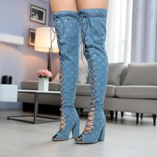Women's Chunky Block Heel Lace-Up Over The Knee Thigh High Peep Toe Boots Legacy-14 Denim 7