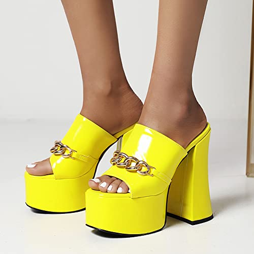 Makmeoyw Platform Heels Slippers Slip On Show Slingback Chunky Heels Sparkly Sandals Square Toe Mules Open Toe High Heels Slide-on Sandals Yellow Size 40