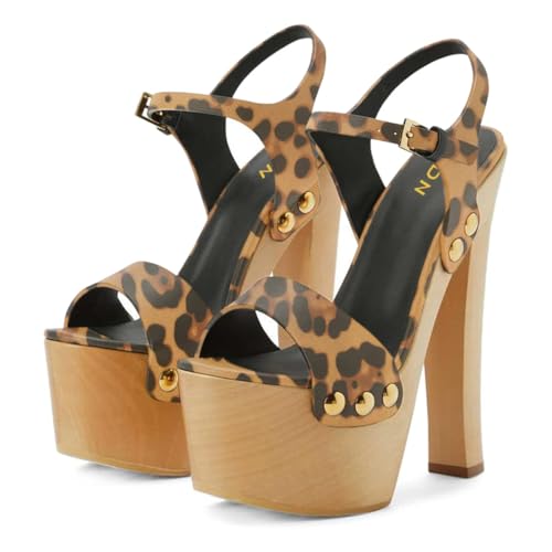 YDN Women's Platform Heeled Sandals Open Round Toe Chunky High Heels Backless Ankle Strap Sexy Casual Shoes for Spring Summer Party Size 7 Leopard