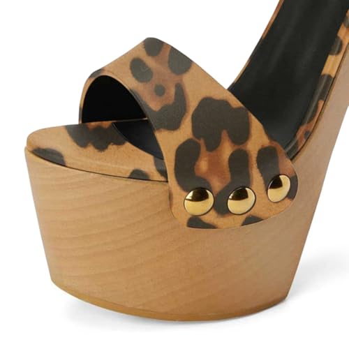 YDN Women's Platform Heeled Sandals Open Round Toe Chunky High Heels Backless Ankle Strap Sexy Casual Shoes for Spring Summer Party Size 7 Leopard
