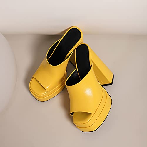 Makmeoyw Platform Heels Slippers Slip On Show Slingback Chunky Heels Sparkly Sandals Square Toe Mules Open Toe High Heels Slide-on Sandals Yellow Size 40