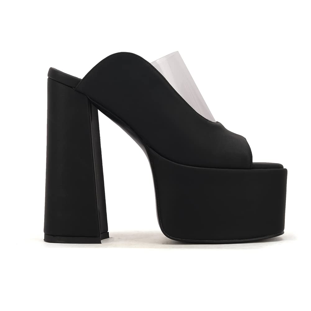 Makmeoyw Platform Heels Slippers Slip On Show Slingback Chunky Heels Sparkly Sandals Square Toe Mules Open Toe High Heels Slide-on Sandals Black Size 34