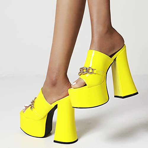 Makmeoyw Platform Heels Slippers Slip On Show Slingback Chunky Heels Sparkly Sandals Square Toe Mules Open Toe High Heels Slide-on Sandals Yellow Size 40