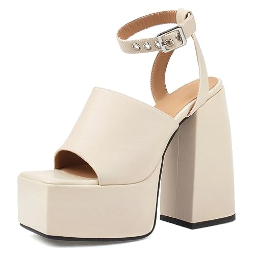 Lizoleor Ladies Fashion Peep Toe Chunky Heel Sandals Ankle Strap Summer Platform Party Shoes High Heels Gothic Dress Beige Size 9 US/41