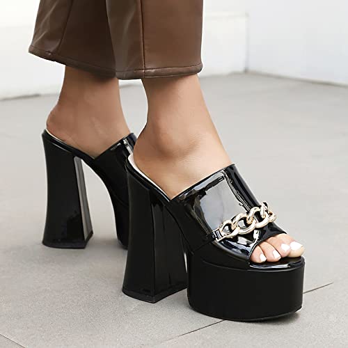 Makmeoyw Platform Heels Slippers Slip On Show Slingback Chunky Heels Sparkly Sandals Square Toe Mules Open Toe High Heels Slide-on Sandals Black Size 40